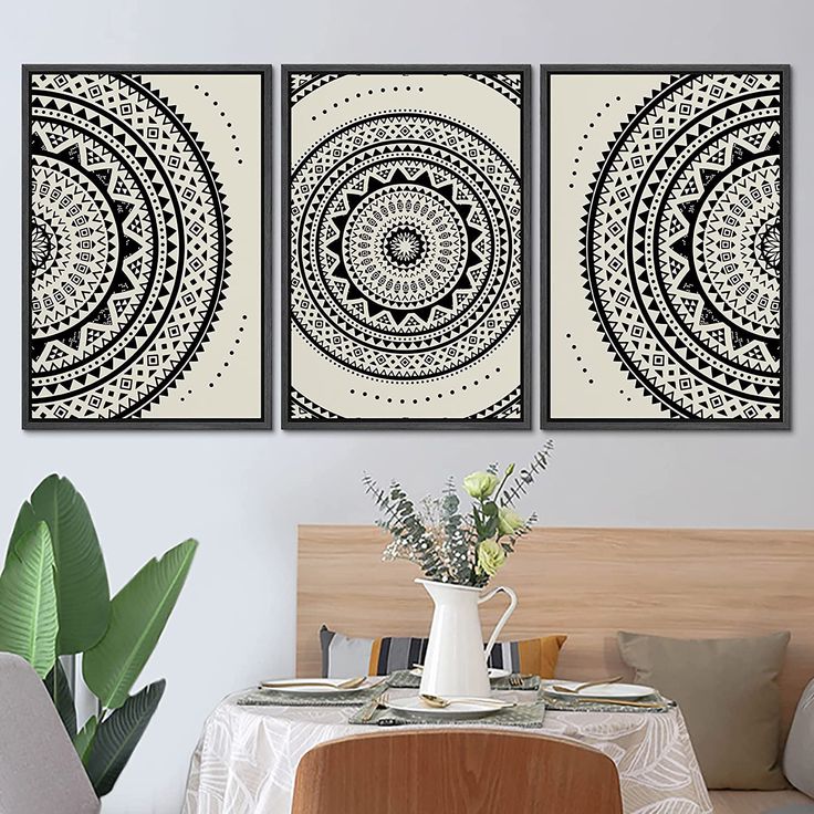 Boho Chic Trio: Black & Beige Mandala Wall Art