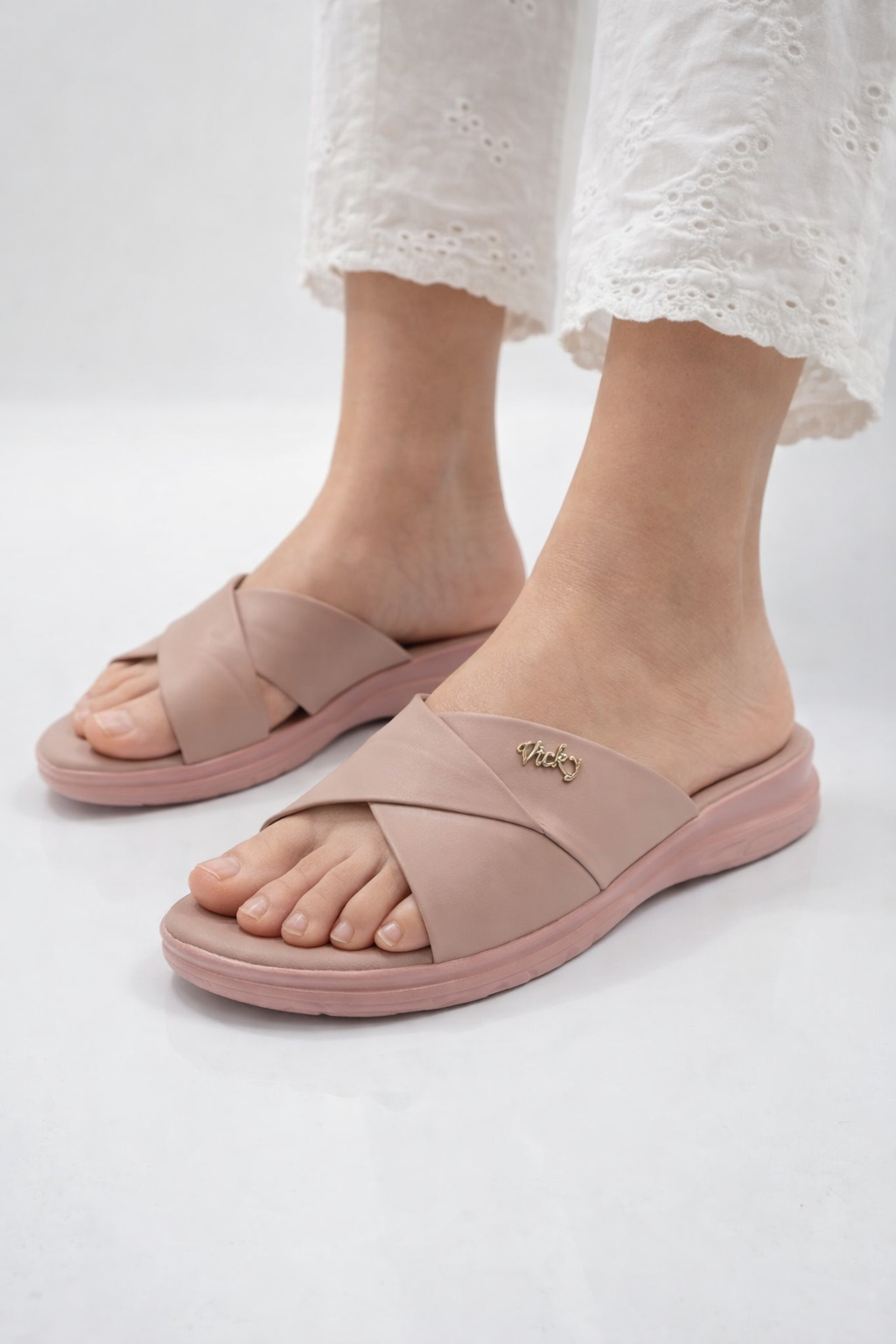 Elegant Blush Cross-Strap Comfort Slides