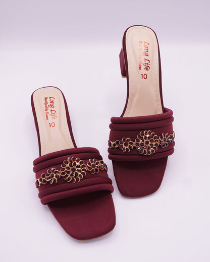 Elegant Maroon Embellished Block Heels
