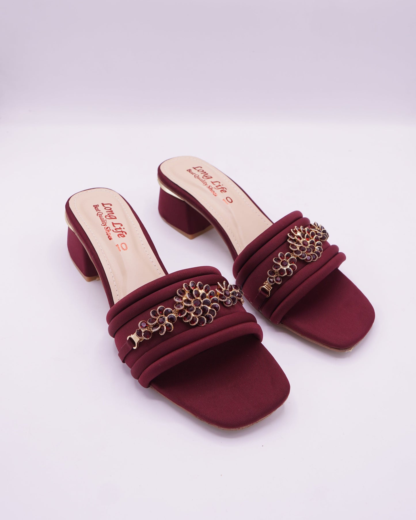 Elegant Maroon Embellished Block Heels