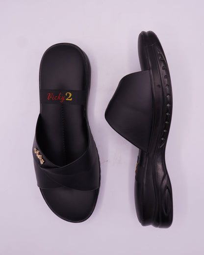 Stylish Black Cross-Strap Comfort Slides