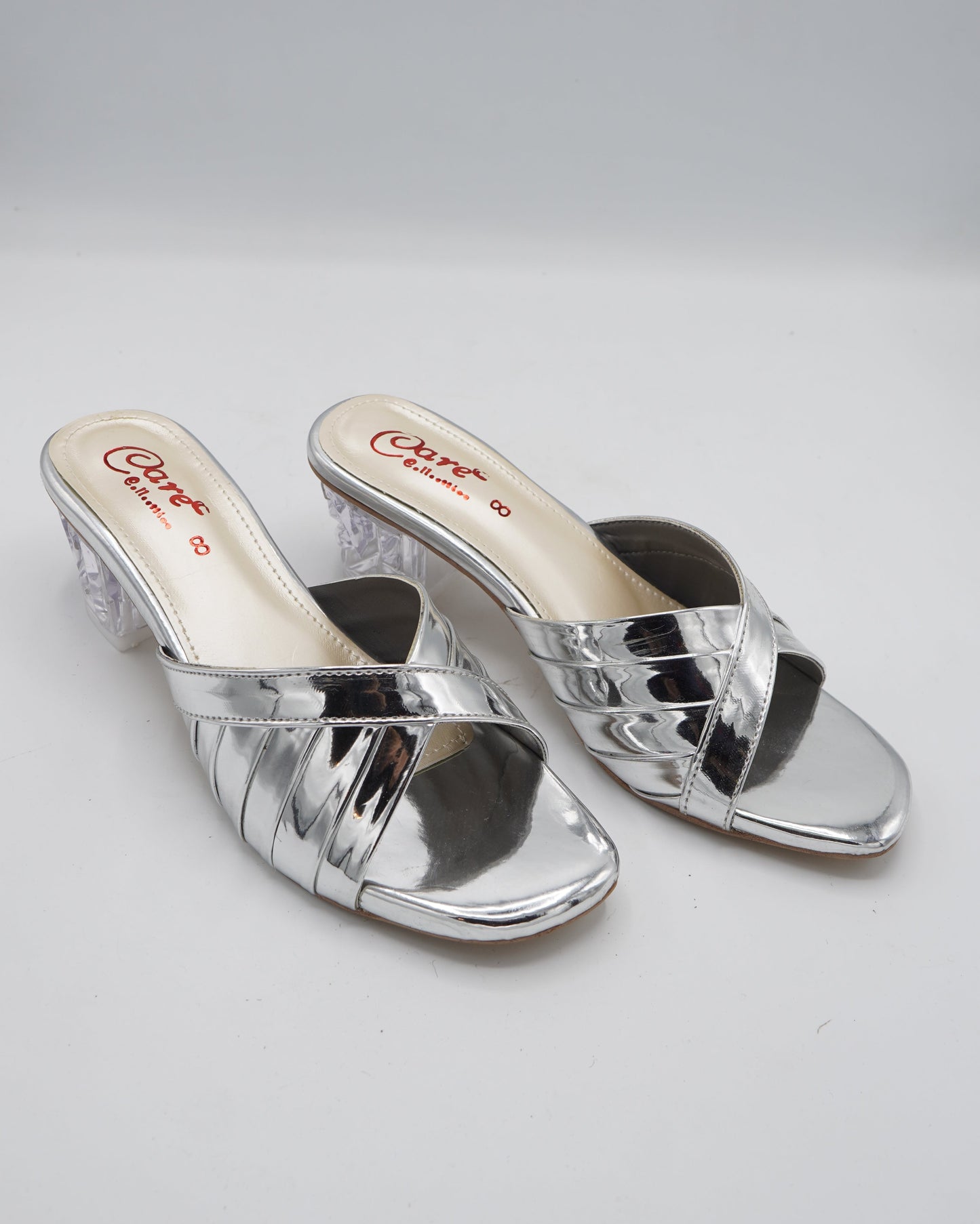Metallic Silver Transparent Block Heels