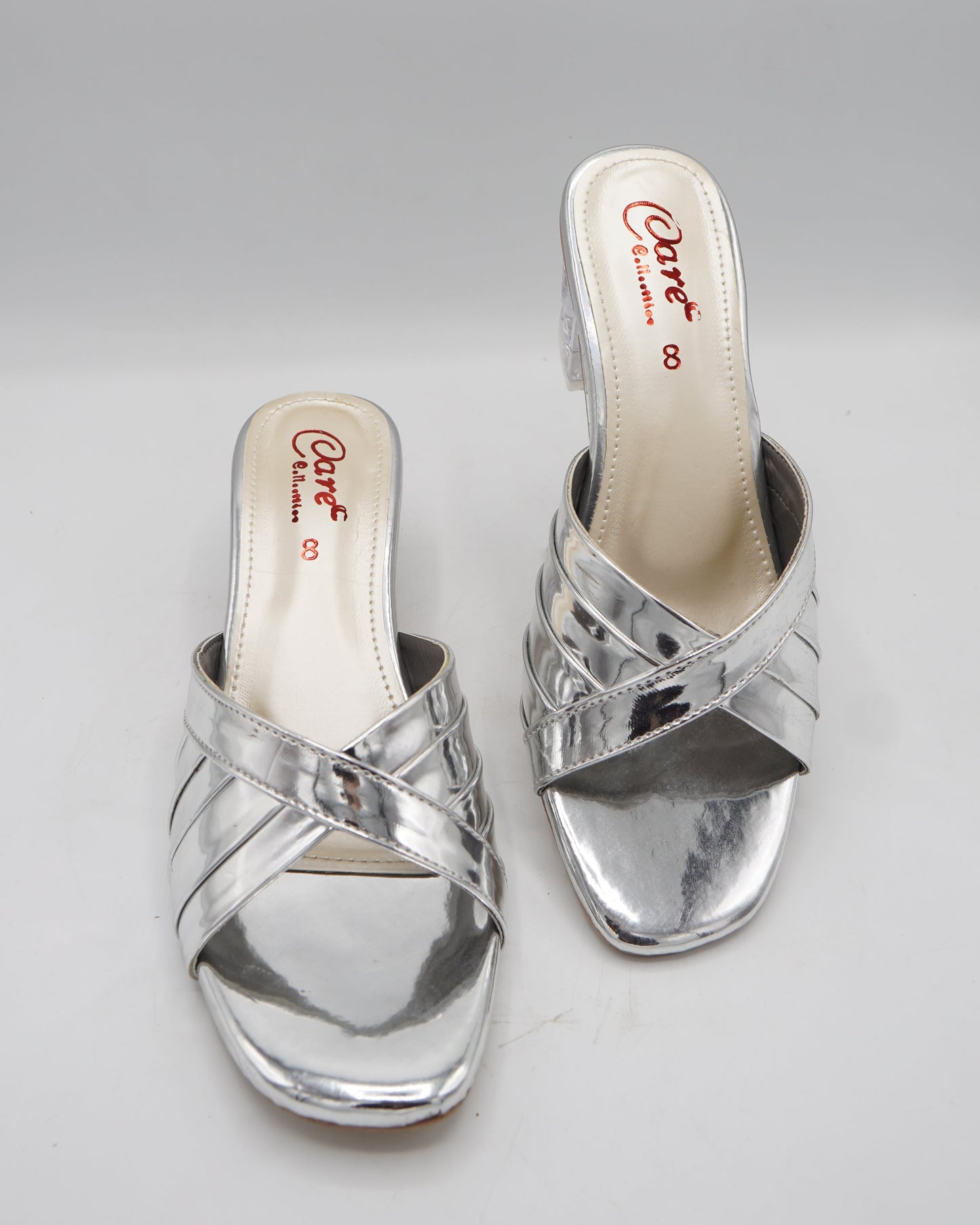 Metallic Silver Transparent Block Heels
