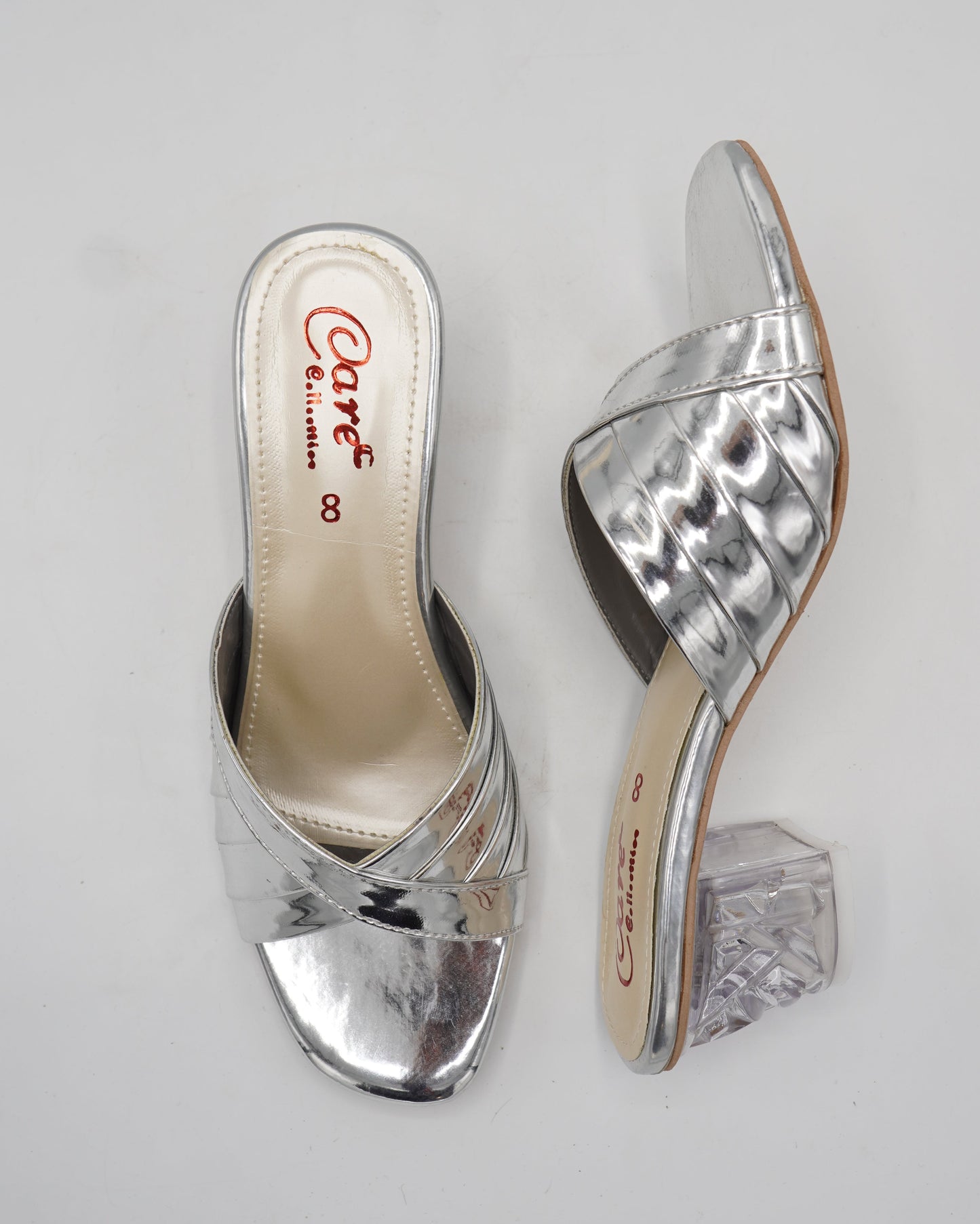 Metallic Silver Transparent Block Heels
