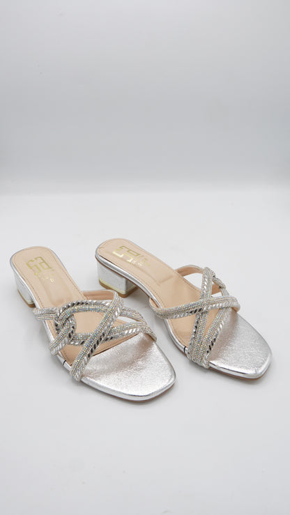 Shimmering Silver Rhinestone Block Heels