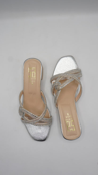 Shimmering Silver Rhinestone Block Heels