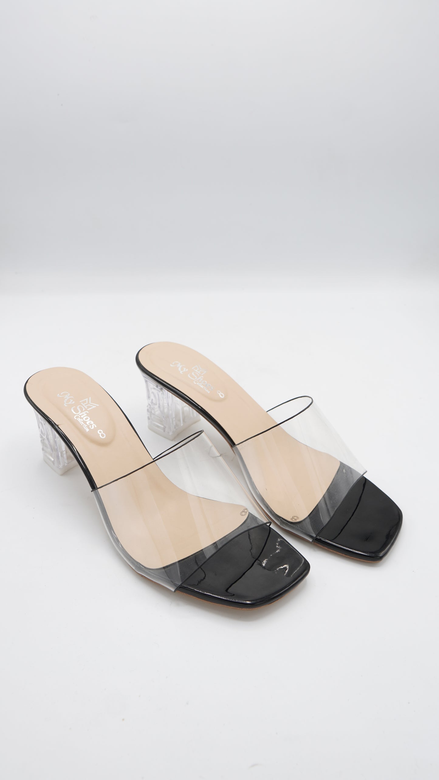 Elegant Transparent Strap Block Heels in Black