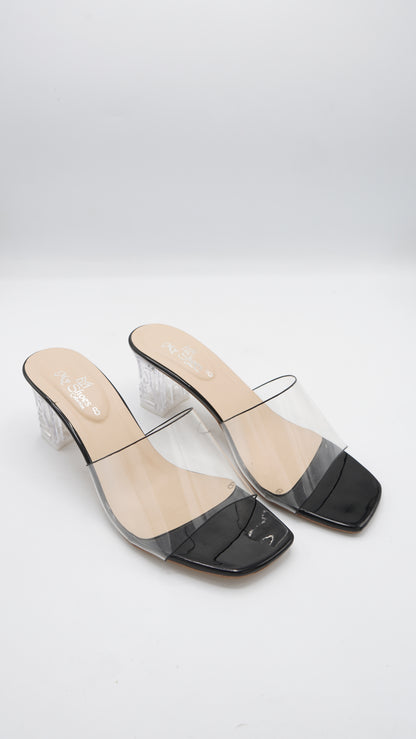 Elegant Transparent Strap Block Heels in Black
