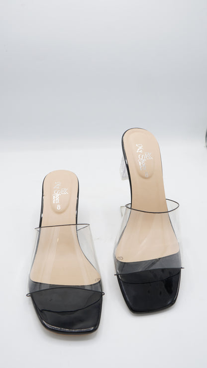 Elegant Transparent Strap Block Heels in Black