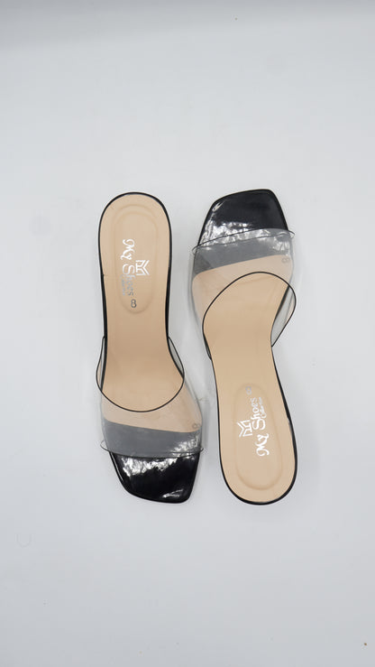Elegant Transparent Strap Block Heels in Black