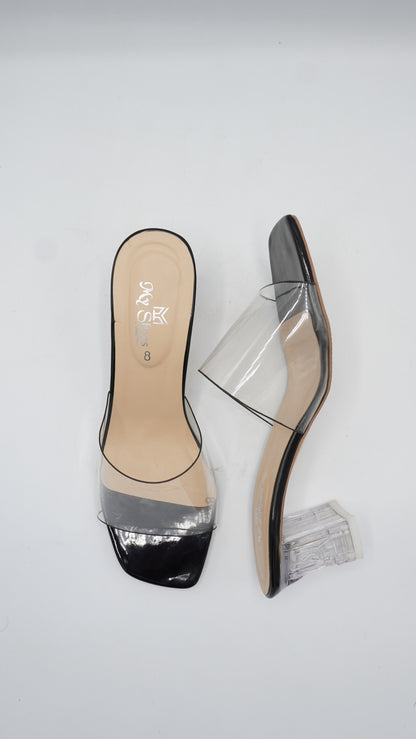 Elegant Transparent Strap Block Heels in Black