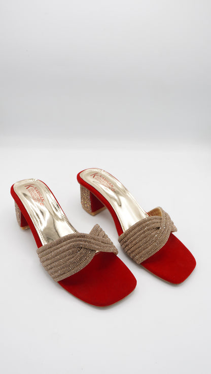 Elegant Crimson Rhinestone Block Heels
