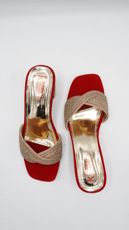 Elegant Crimson Rhinestone Block Heels