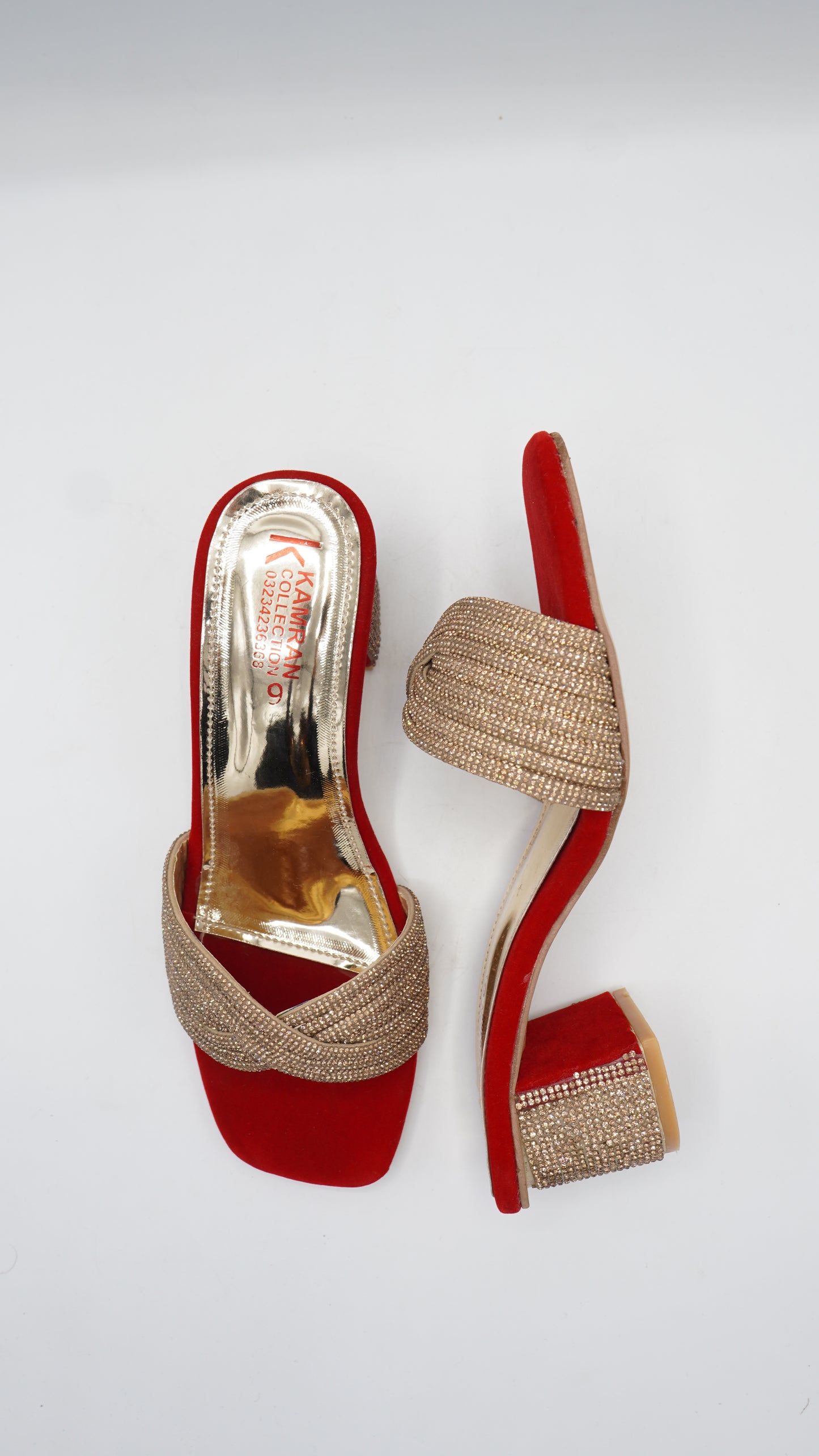 Elegant Crimson Rhinestone Block Heels