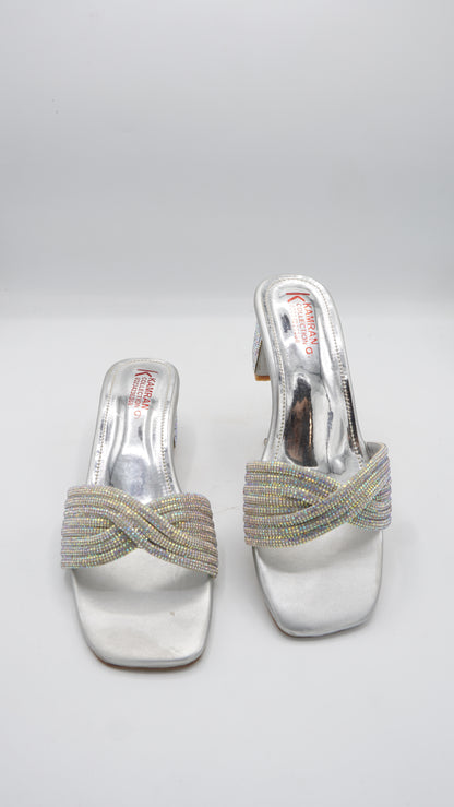Shimmering Silver Rhinestone Block Heels