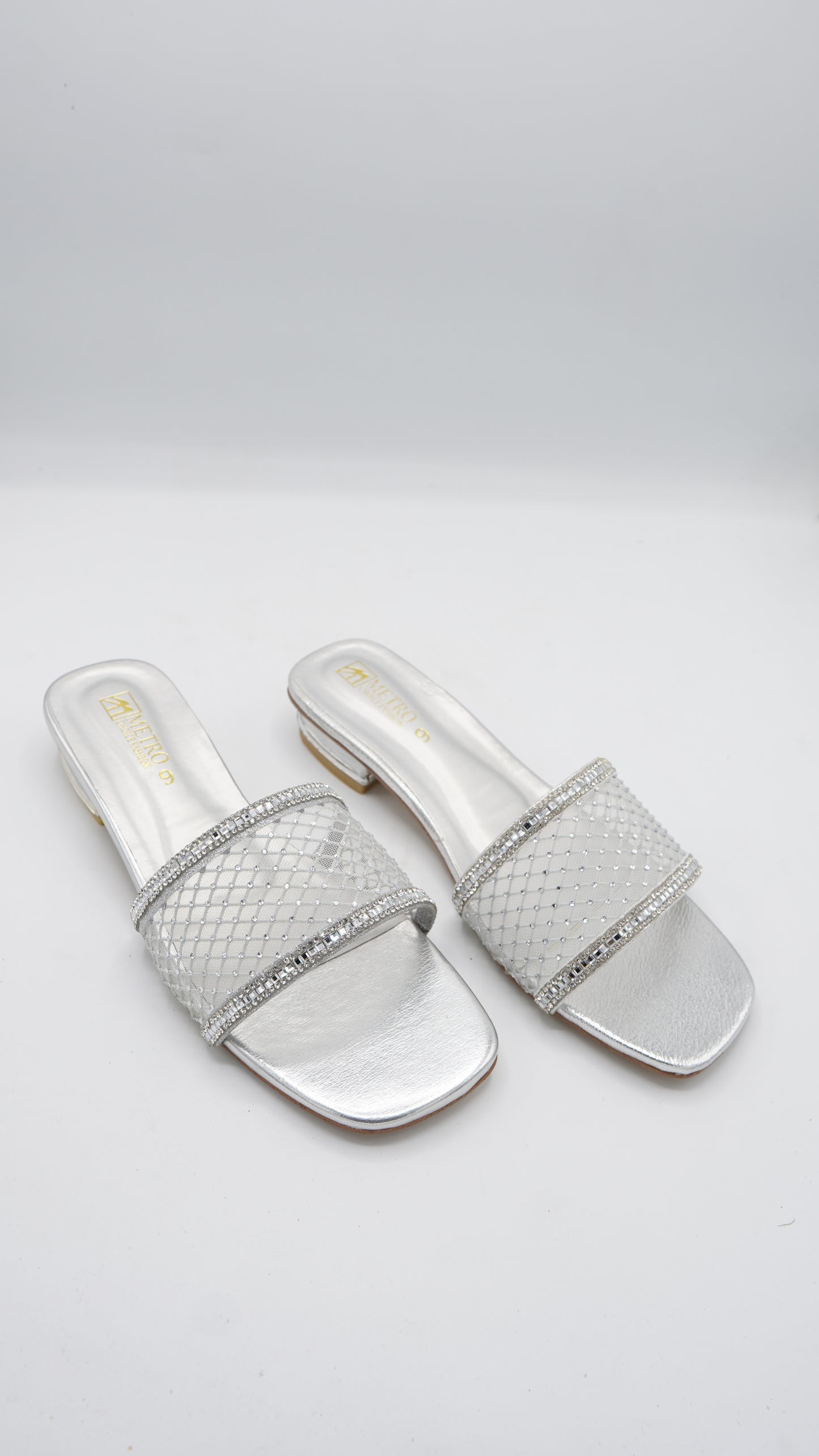 Glamorous Silver Mesh & Crystal Slides