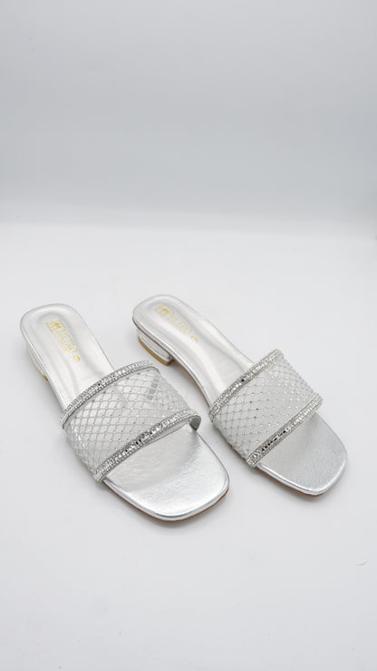 Glamorous Silver Mesh & Crystal Slides