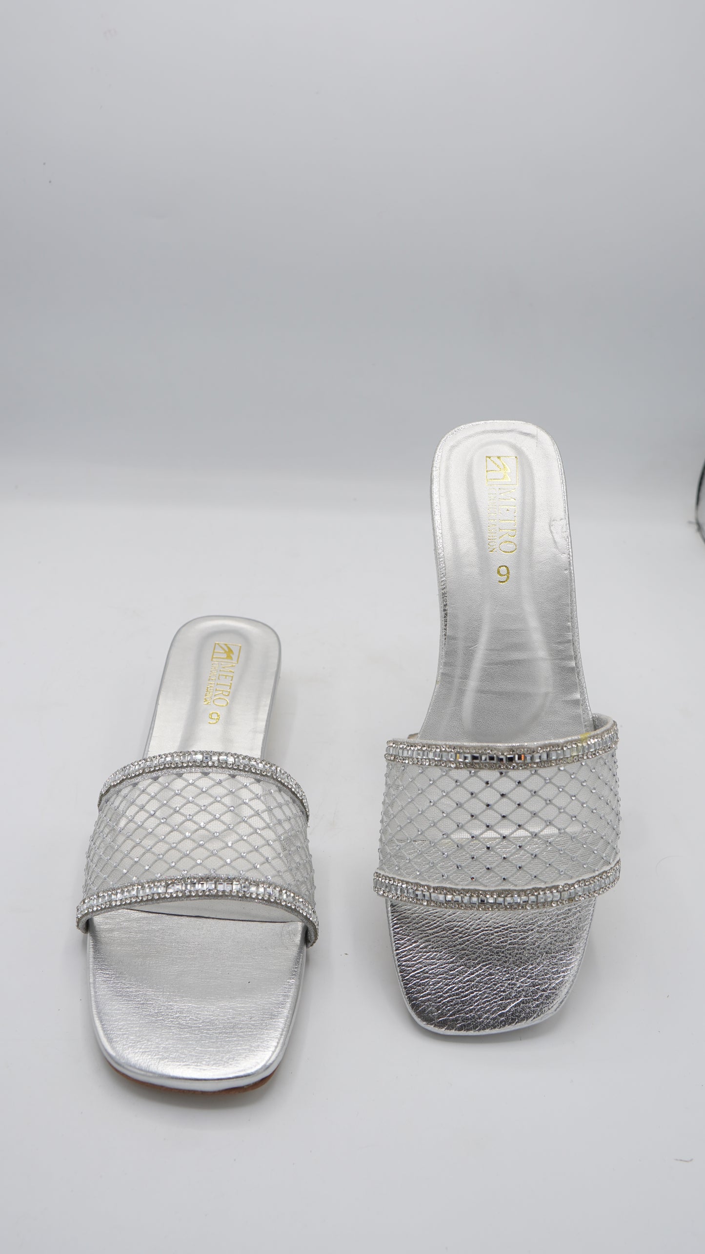 Glamorous Silver Mesh & Crystal Slides
