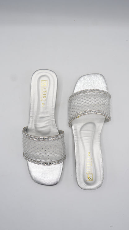 Glamorous Silver Mesh & Crystal Slides