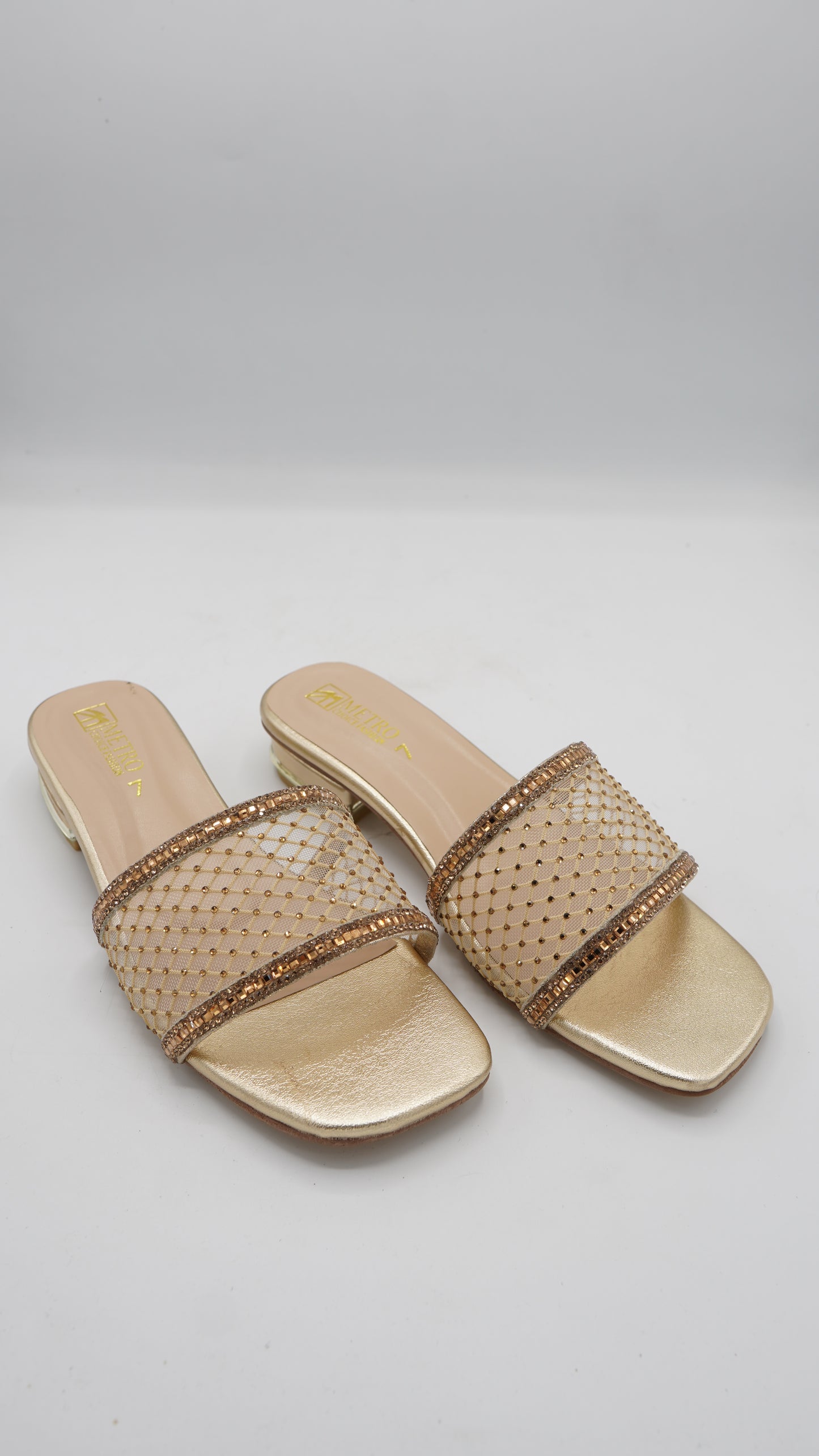 Glamorous Gold Mesh & Crystal Slides