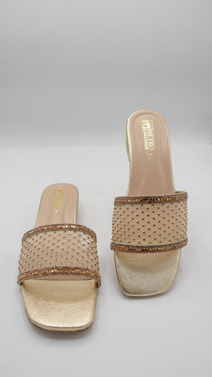 Glamorous Gold Mesh & Crystal Slides