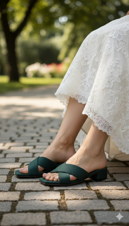 Elegant Emerald Criss-Cross Block Heels