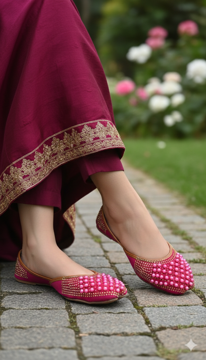 Vibrant Pink Embellished Pearl Khussa