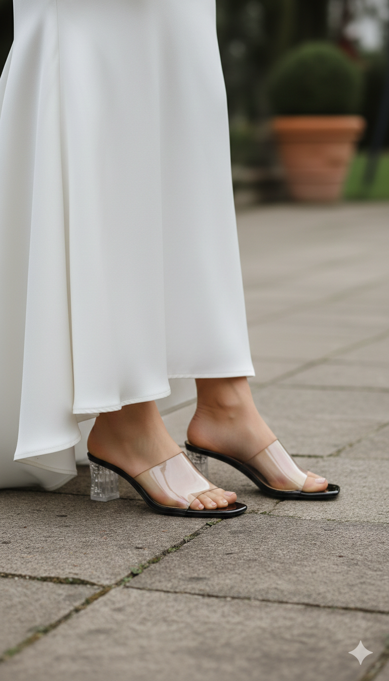 Elegant Transparent Strap Block Heels in Black