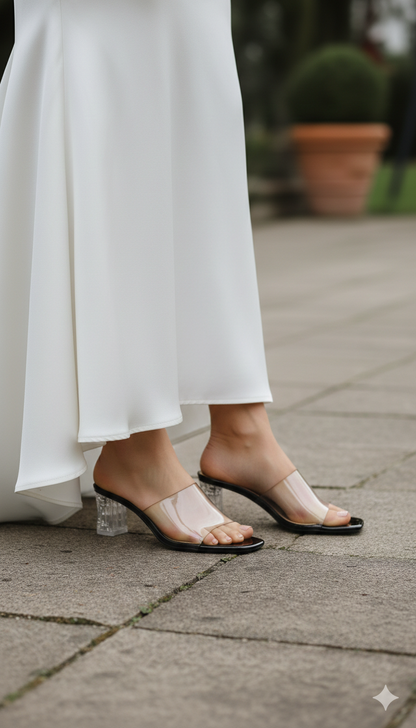 Elegant Transparent Strap Block Heels in Black