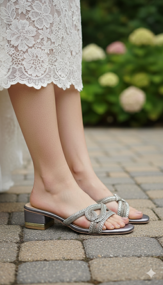 Shimmering Metallic Rhinestone Block Heels