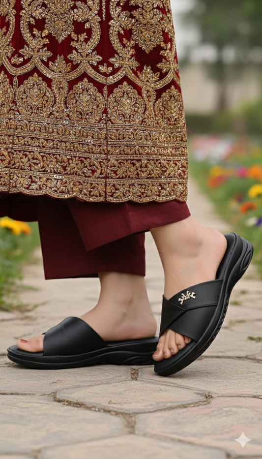 Stylish Black Cross-Strap Comfort Slides
