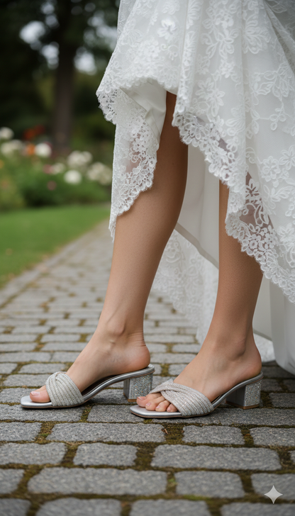 Shimmering Silver Rhinestone Block Heels