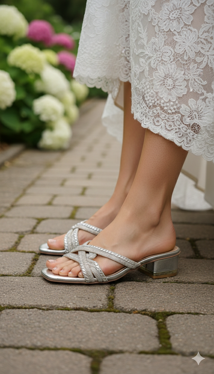Shimmering Silver Rhinestone Block Heels