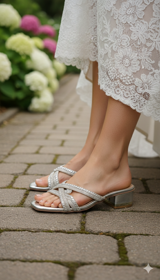Shimmering Silver Rhinestone Block Heels
