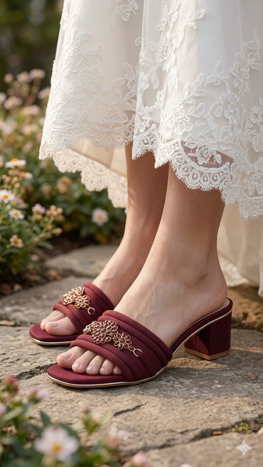 Elegant Maroon Embellished Block Heels