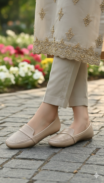 Elegant Laser-Cut Pumps in Nude