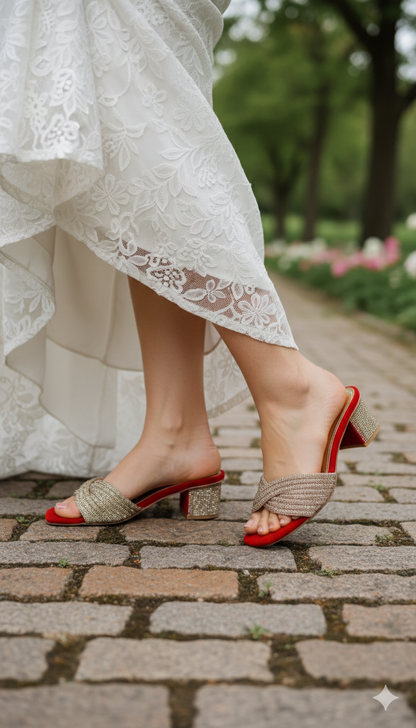 Elegant Crimson Rhinestone Block Heels
