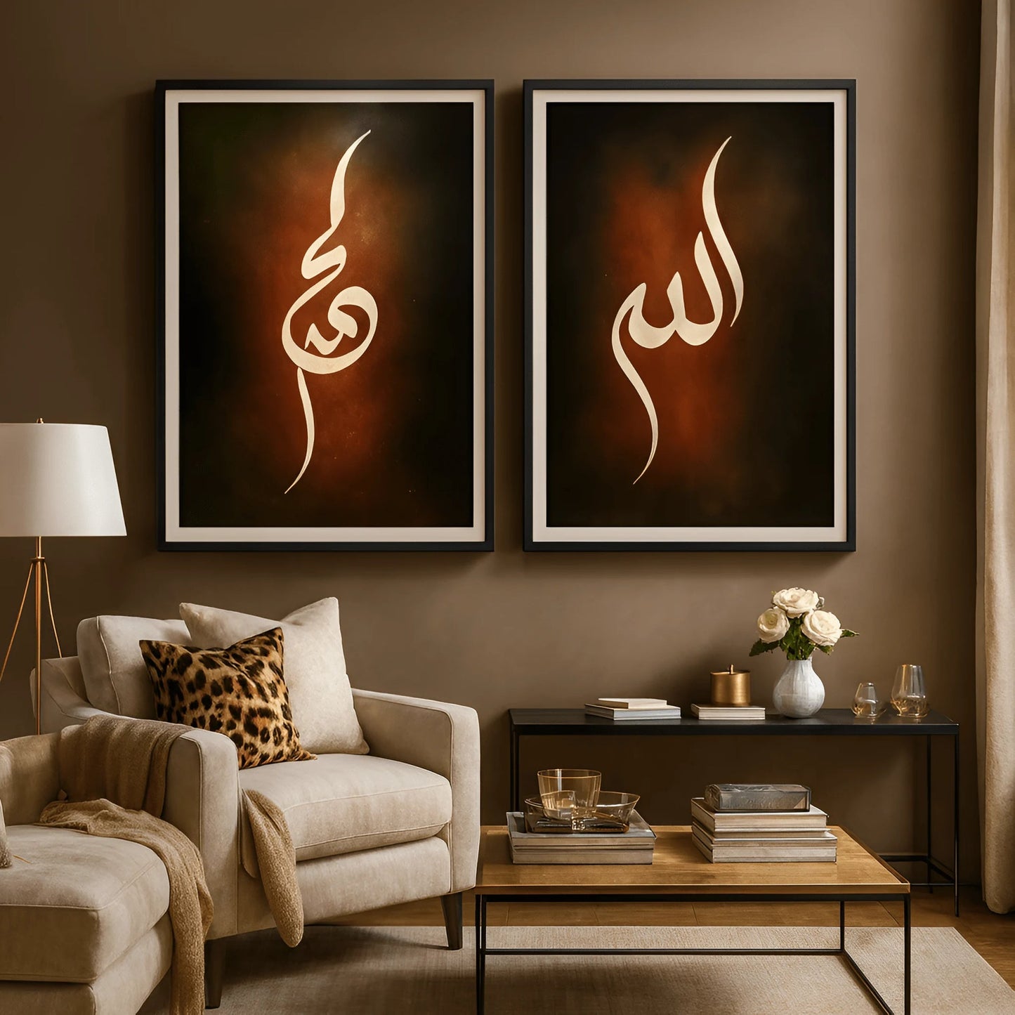 Elegant Black & Amber Arabic Calligraphy Duo – Luxury Modern Wall Art