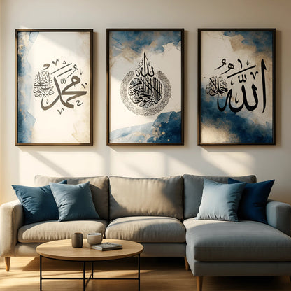 Elegant Blue & Gold Arabic Calligraphy Trio – Modern Luxury Wall Art Set