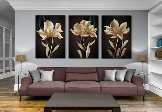 Golden Floral Wall Art Trio – Elegant Modern Home Décor (Set of 3)