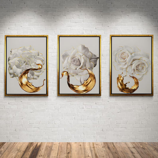 Set of 3 White Rose Framed , Gold Ink Splashing Wall Art, White Rose Flower, Gold Detailed White Rose