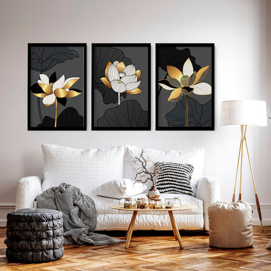 Black and Gold Modern Botanical set of 3 framed wall art prints for Luxury living room decor