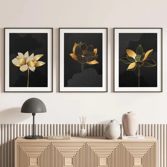 Golden Lotus Trio – Modern Luxury Wall Art Set (Set of 3)